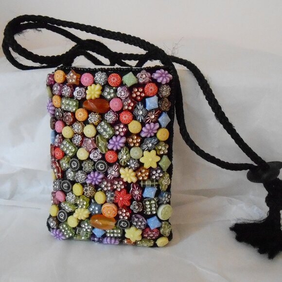 Lavola Handbags - Lavola Small Black Multi-Color Beaded Fabric Crossbody Pouch-Very Cute!